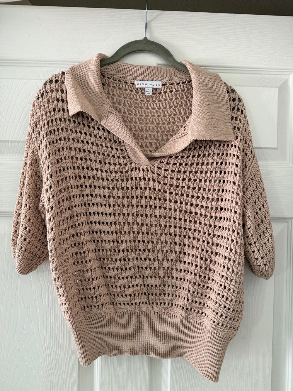 Women's Open-Knit Polo Sweater in Tan